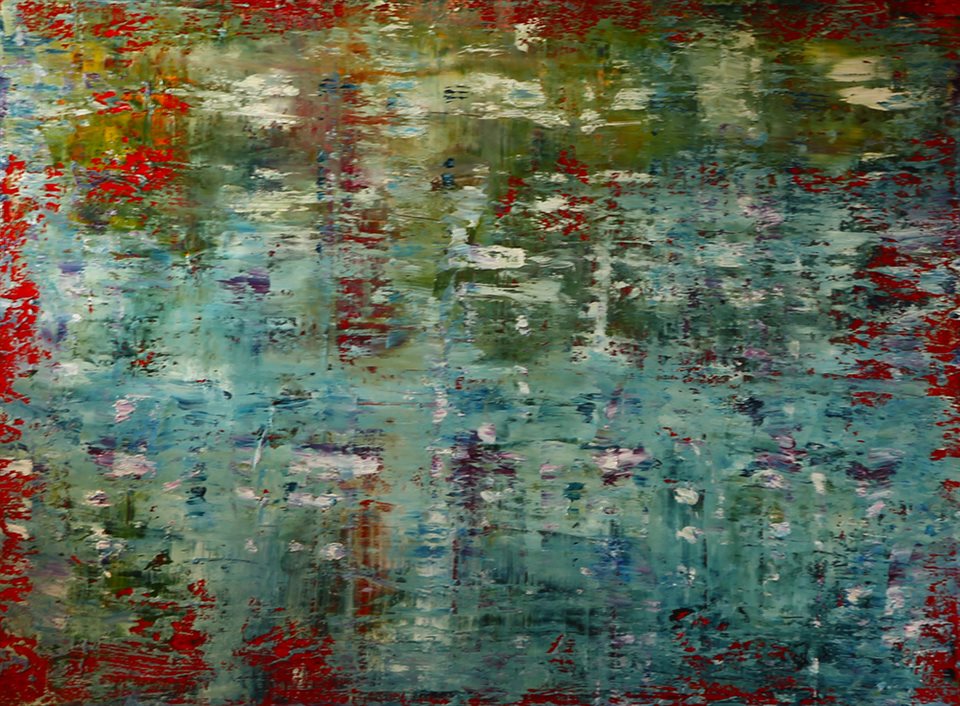 Moment of Being: A small painting 1.2m by 0.9m on canvas. The colours are striking combinations of aqueous blue, white, green and red. &nbsp;This painting is now in a private collection in Switzerland.