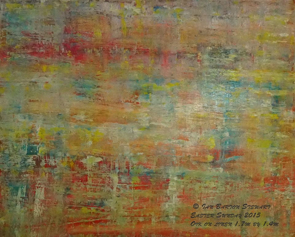 Morning by Ian Barton Stewart: A bright and colourful large painting about 1.6m by 1.4m, oil on linen. It is an abstract painting with many different tones of yellow, blue, and white and green layered over a predominantly red ground. These are some of the colours you see if you are lucky enough to see the sun rising.