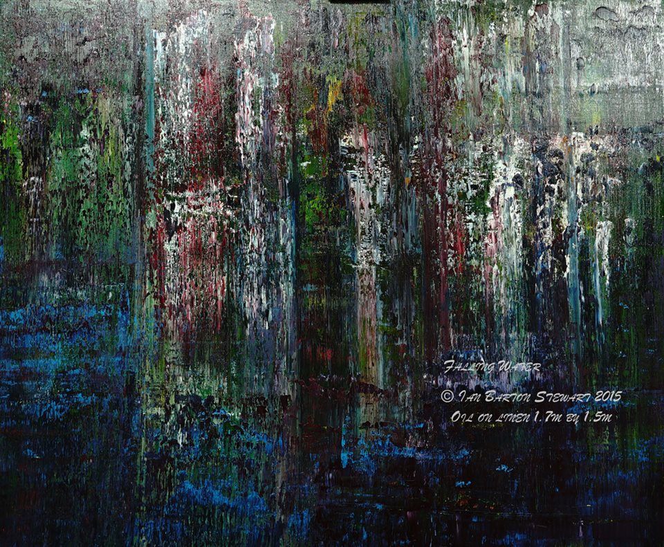 Falling Water: Oil on linen 1.7m by 1.4m 2015. Falling Water conjures up a rich symbolism. Falling Water symbolises rain and through it life. It is a house designed by Frank Lloyd Wright. And it can be a waterfall... This painting is presently on display at the Neue Privat Bank Zurich, and my video of this exhibition available on Youtube, shows the expressive possibilities of these symbols all in a single work. Destined to become a highly valued painting.