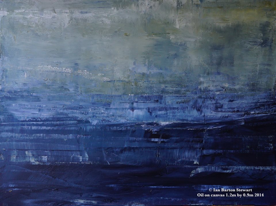 Waves: A brilliant small painting (1.2m by 0.9m oil on canvas) whose subject is waves. Each viewer might see the painting as actual or metaphorical waves. I have not sought to paint a dull "true to visual life" painting of the sea. Rather, although the waves are recognisable as waves, the painting captures our feeling when standing before the sea and the horizon.&nbsp;Beyond the horizon the colour changes from an intense blue to a very unusual shade of blue-green-grey-yellow-orange. White, suggesting clouds or doubts hovers over the horizon. This painting is a striking example of how a small work can be immensely powerful. It will be an asset to any serious collector's collection or to an important museum collection. The painting is at present unsigned. Most of my paintings posted have had superimposed in photoshop my name and copyright, and details of the work's size. Some collectors desire signed works. Others do not. A signature takes but a few minutes to apply in paint should the collector desire.